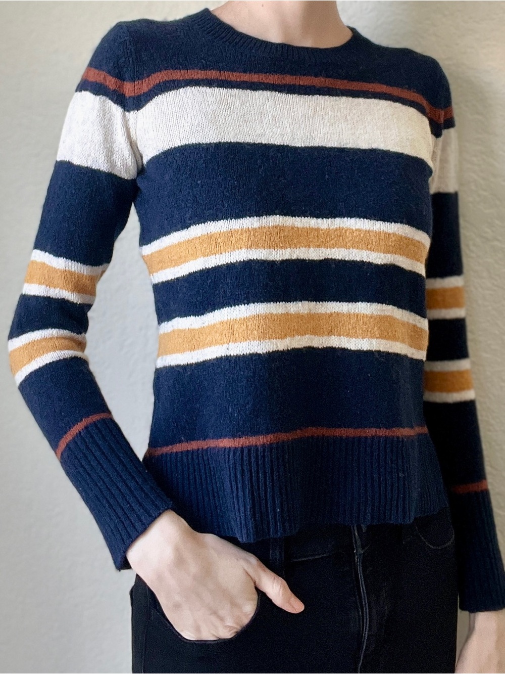 LOFT Navy, White & Mustard Striped Cropped Crewneck Sweater